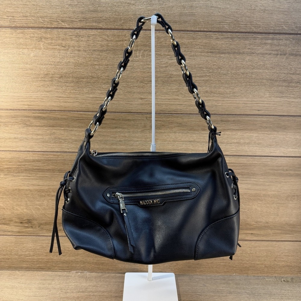 NWT Steve Madden NYC Black Shoulder Bag Grommet Rings Gold Edgy